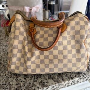 Louis Vuitton Speedy Damier Azur Canvas Satchel with Padlock.